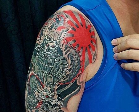日式大臂鬼武士龙纹身图案