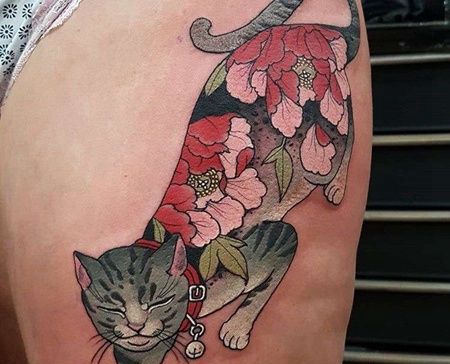 日式大腿猫纹身图案