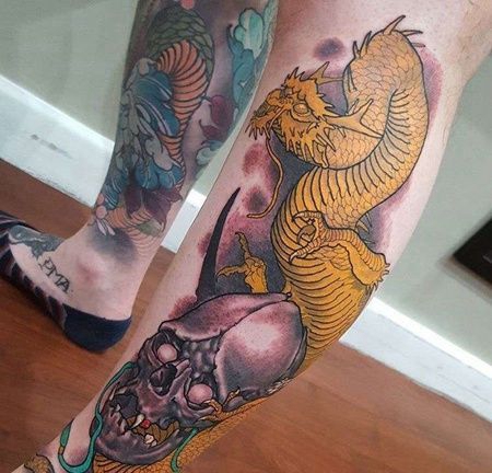 新传统小腿龙般若纹身图案