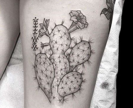 New School大腿仙人掌纹身图案