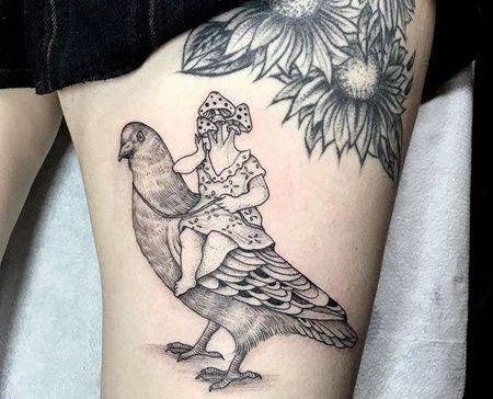 线条大腿鸽子纹身图案