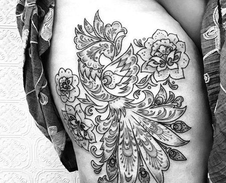 线条侧腰凤凰纹身图案