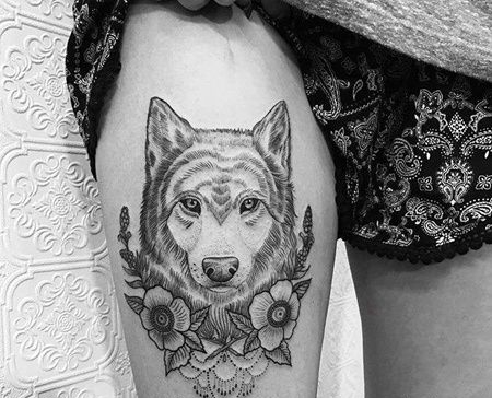 点线大腿狼纹身图案