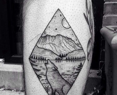 点线小腿狼纹身图案