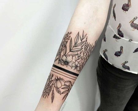 点线小臂花卉臂环纹身图案