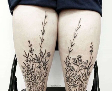 线条小腿花草纹身图案