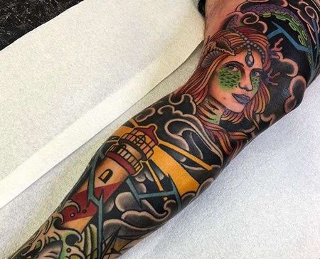 Old School小腿灯塔美人鱼鲨鱼纹身图案