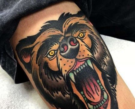 Old School大腿熊纹身图案