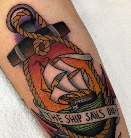 Old School小腿船锚帆船纹身图案