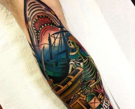 New School小腿骷髅鲨鱼纹身图案