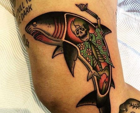 Old School胳膊鲨鱼骷髅纹身图案