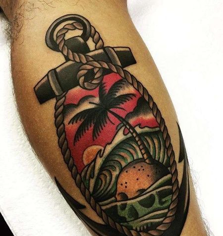 Old School小腿海浪骷髅椰子树纹身图案