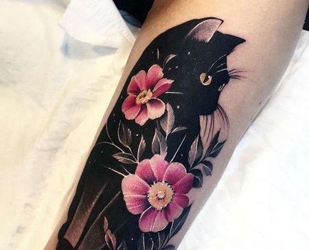 水彩大臂猫纹身图案