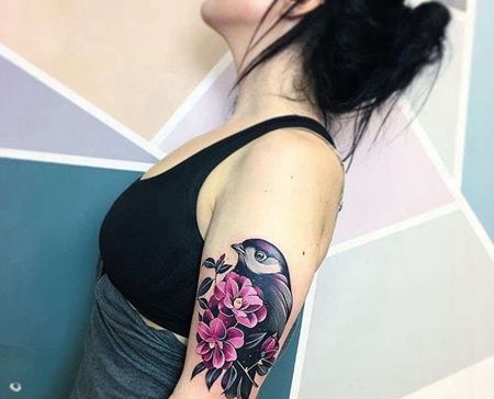 水彩大臂鸟花卉纹身图案