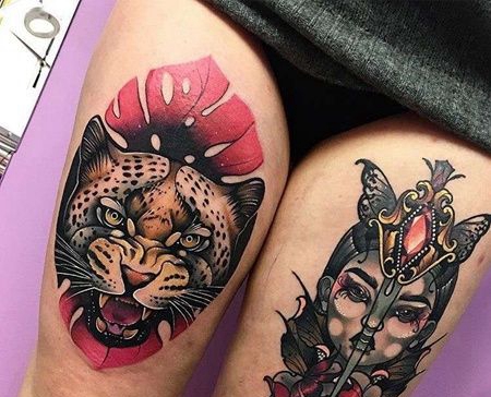 New School大腿老虎女人纹身图案