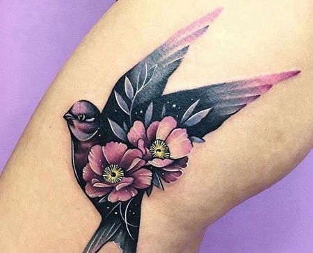 水彩大腿燕子花卉纹身图案