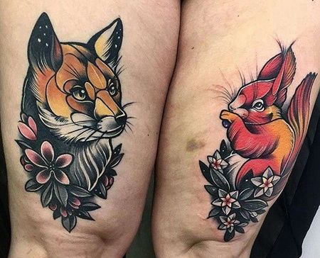 New School大腿松鼠狐狸纹身图案