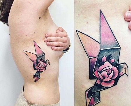 New School侧腰千纸鹤花卉纹身图案