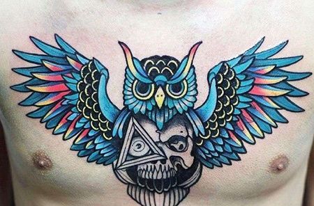 New School前胸猫头鹰骷髅纹身图案