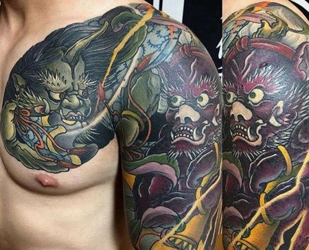 日式大臂前胸风神雷神纹身图案