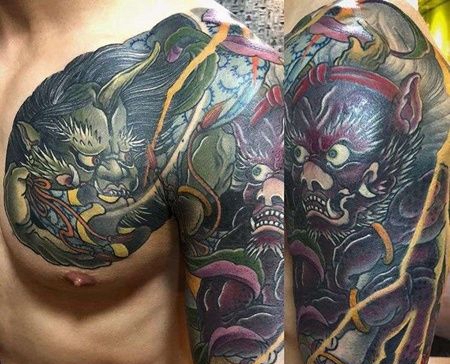 新传统大臂前胸风神雷神纹身图案