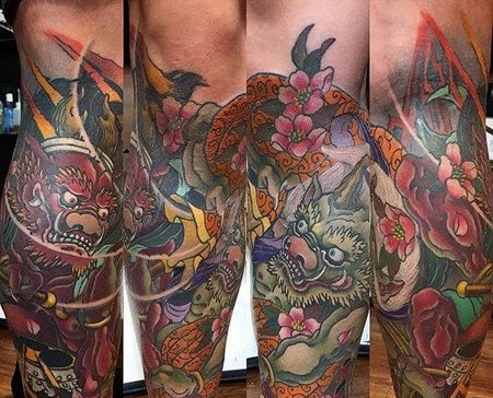 新传统小腿风神雷神纹身图案