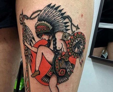 New School大腿印第安女人纹身图案