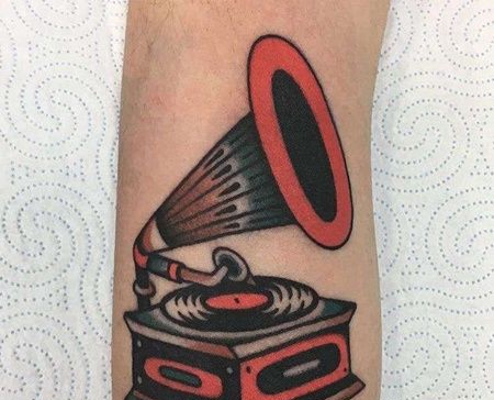 Old School小腿唱片机纹身图案