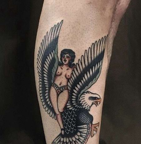 Old School小腿女人老鹰纹身图案