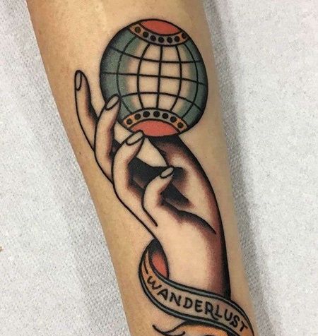 Old School小臂手地球仪纹身图案