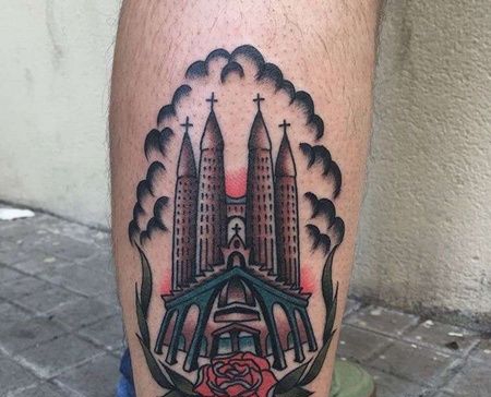 Old School小腿建筑纹身图案