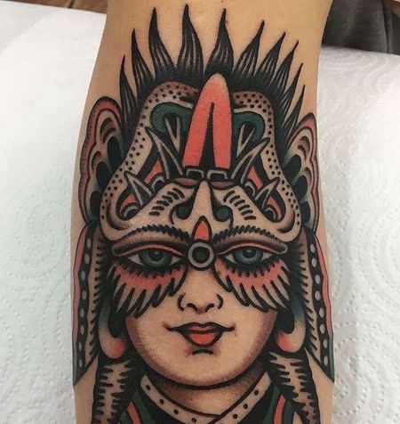 Old School小腿女人恶魔纹身图案