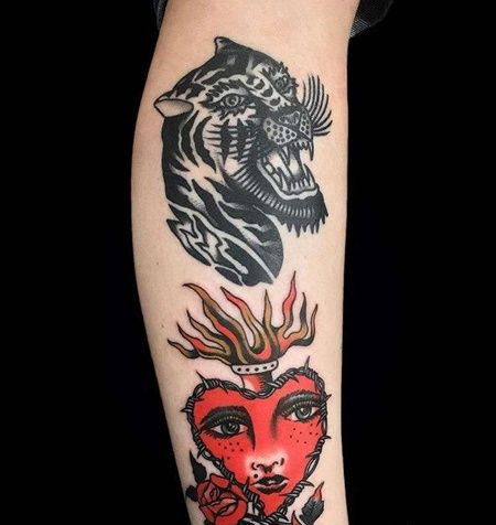 Old School小腿老虎心纹身图案