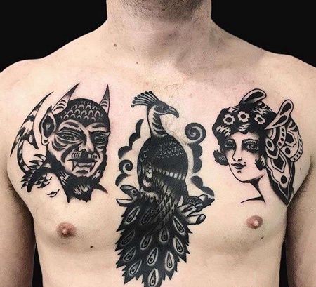 Old School前胸恶魔女人孔雀纹身图案