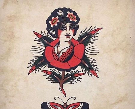 Old School前胸女人玫瑰蝴蝶纹身图案
