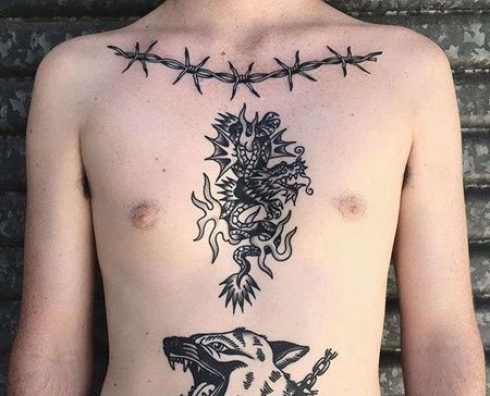 Old School前胸腹部龙狗铁蒺藜纹身图案