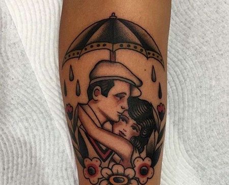 Old School小腿女人雨伞纹身图案