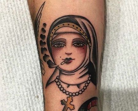 Old School小腿修女纹身图案