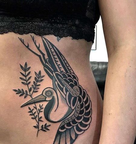 Old School腹部鹤纹身图案