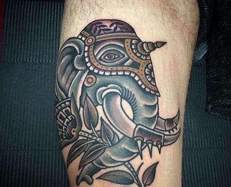 Old School大腿大象纹身图案