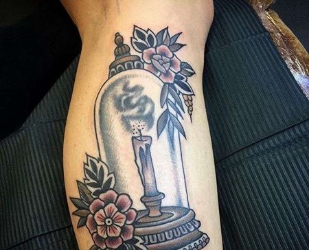Old School小腿蜡烛花卉纹身图案