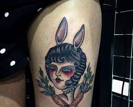 Old School大腿女人胡萝卜纹身图案