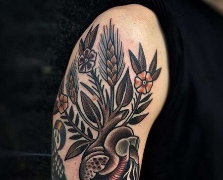 Old School大臂心脏麦穗纹身图案