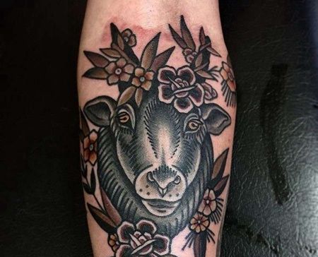 Old School小臂羊玫瑰纹身图案