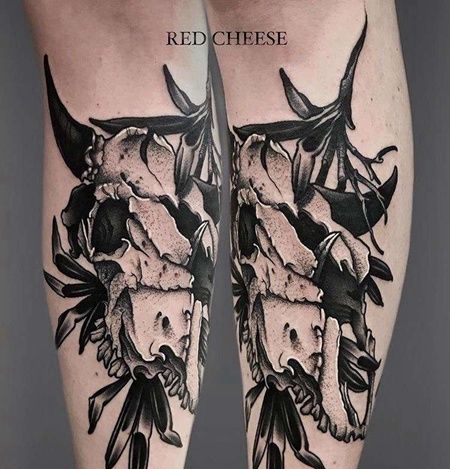 New School小腿骷髅纹身图案