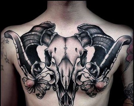 New School前胸骷髅羊纹身图案