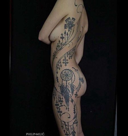 几何侧腰大腿捕梦网纹身图案