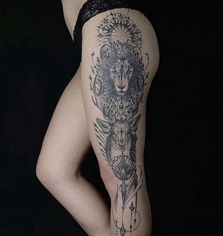 大腿狮子鹿纹身图案