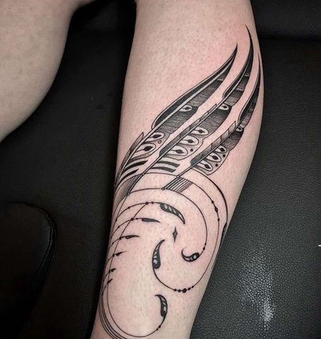 几何小腿羽毛纹身图案