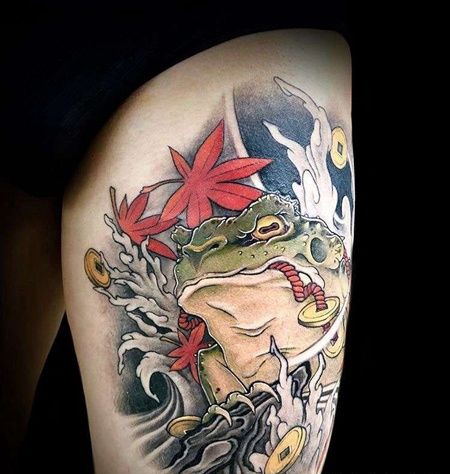 新传统大腿青蛙纹身图案